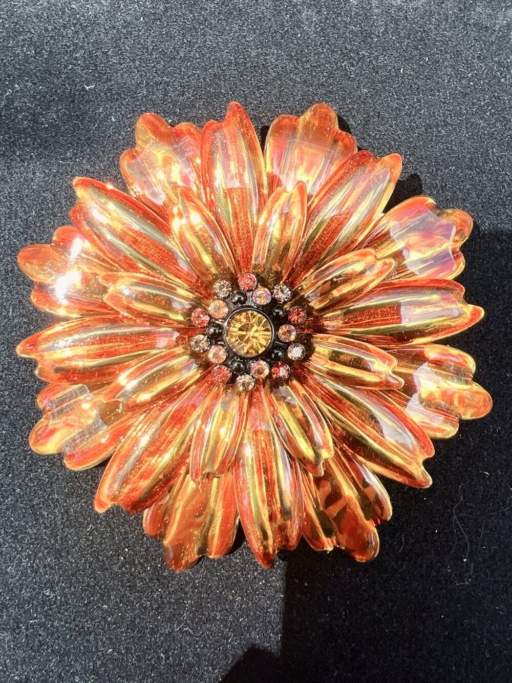 Vintage Joan Rivers Orange Daisy Flower Brooch With Rhinestone Center Sparkling